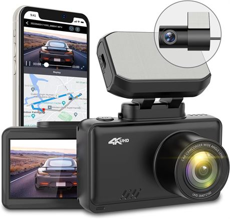Dash-Cam 4K Car Camera with WiFi, GPS, 170  FOV, Night Vision, WDR G-Sensor