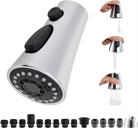 Hibbent Faucet Head Replacement, 3-Function Pull-Down Sprayer, Chrome