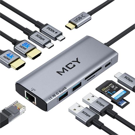 MCY Hub USB-C station d'accueil, double moniteurs 8K, 2x4K@60Hz, 10-en-1
