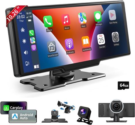 Écran CarPlay Sans Fil pour Voiture, 10.26", Caméra de Recul, GPS