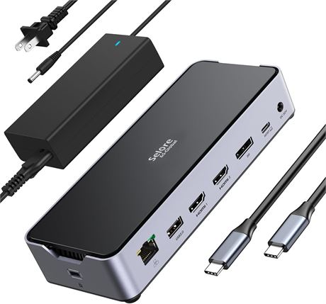 USB-C Docking Station Triple Display, 150W Power, 2 HDMI, SD, Ethernet, Audio