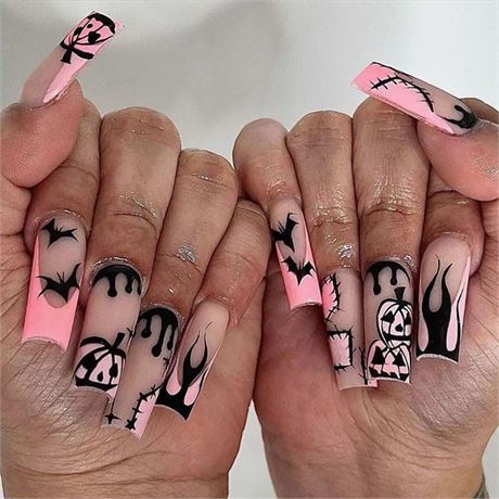 Faux ongles Halloween, carrés longs, 24 pièces, réutilisables