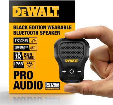 DEWALT Wearable Bluetooth Speaker Onyx Edition Clip-On, Water-Resistant