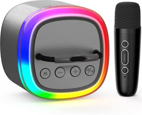 Mini karaoké enfant Bluetooth, 2 micros sans fil, lumières disco, gris